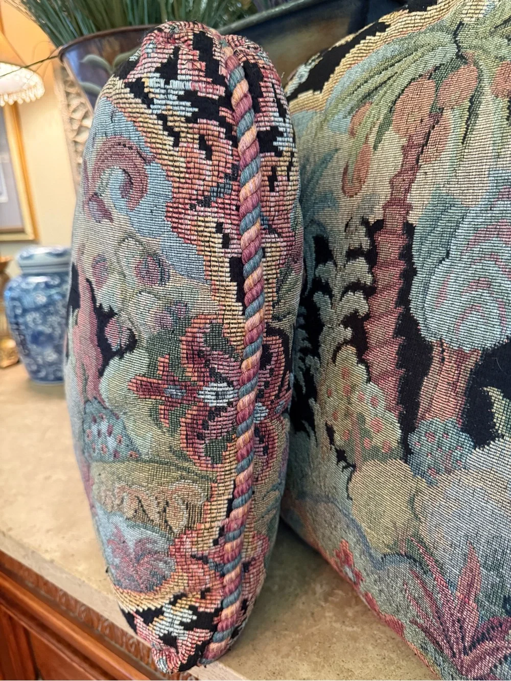 Vintage Aubusson Tapestry Needlepoint Palm Tree Pillows 18x18 - Pair